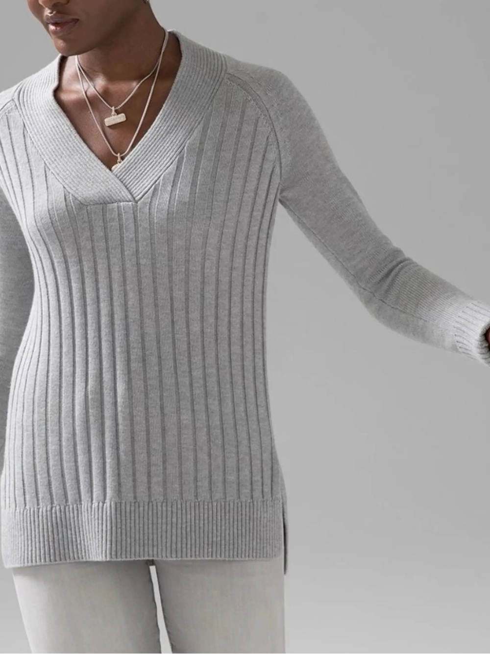 White House Black Market Long Sleeve Mixed Rib V Neck Tunic Grey Size Small